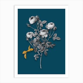 Vintage Burgundian Rose Black and White Gold Leaf Floral Art on Teal Blue n.0245 Art Print