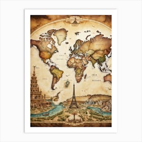 A World Map Visualizing An International Journey Pinpointing Iconic Historical Landmarks Across Var Art Print