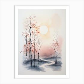 Watercolour Of A The Woods With A Moon 0 Art Print