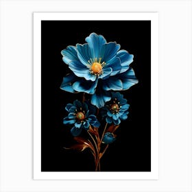 Blue Flowers On Black Background Art Print