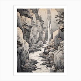Shosenkyo Gorge In Yamanashi, Ukiyo E Black And White Line Art Drawing 4 Art Print