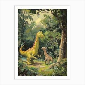 Dinosaur & Giraffe Vintage Storybook Style Art Print