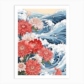 Great Wave With Dahlberg Daisy Flower Drawing In The Style Of Ukiyo E 2 Art Print