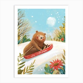 Sloth Bear Cub Sledding Down A Snowy Hill Storybook Illustration 1 Art Print