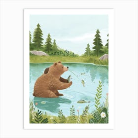 Brown Bear Catching Fish In A Tranquil Lake Storybook Illustration 1 Art Print