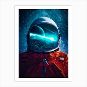 Astronaut Helmet Reflection And Blue Stars Art Print