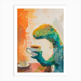 Dinosaur Drinking Coffee Orange Brushstroke 1 Art Print