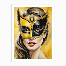 A Woman In A Carnival Mask, Yellow And Black (15) Art Print