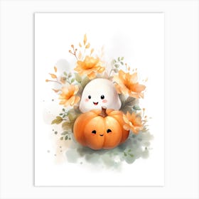 Cute Ghost With Pumpkins Halloween Watercolour 49 Art Print