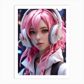 Pink Haired Girl With Headphones Art Print