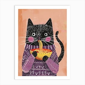 Black Cat Eating Pasta Folk Illustration 2 Art Print