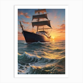 Sailing Ship At Sunset 1 Art Print