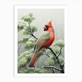 Ohara Koson Inspired Bird Painting Northern Cardinal 2 Art Print