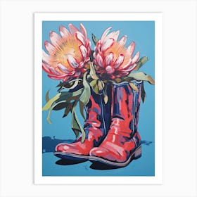 A Painting Of Cowboy Boots With Protea Flowers, Fauvist Style, Still Life 2 Art Print