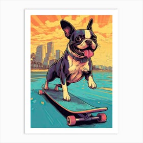 Boston Terrier Dog Skateboarding Illustration 3 Art Print