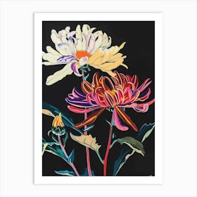 Neon Flowers On Black Chrysanthemum 2 Art Print