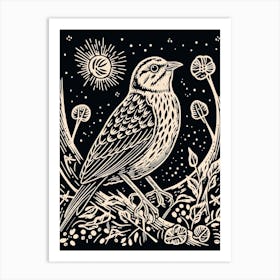 B&W Bird Linocut Yellowhammer 2 Art Print