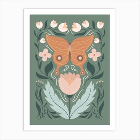 Butterfly And Flowers Scandinavian Folk Art Print