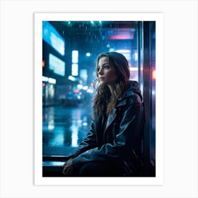 Pensive Woman Seated At A Rainy Bus Shelter Neon Lights Casting A Glow On Her Face Water Droplets Art Print