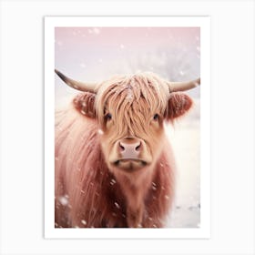 Highland Cow In The Snow Pink Filter Portrait 4 Art Print