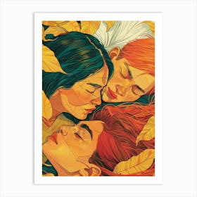 Three Girls Sleeping In Autumn Leaves Art Print