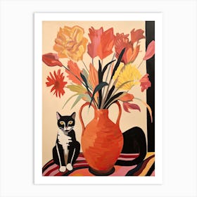 Orchid Flower Vase And A Cat, A Painting In The Style Of Matisse 3 Art Print