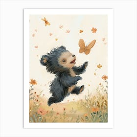 Sloth Bear Cub Chasing After A Butterfly Storybook Illustration 1 Art Print