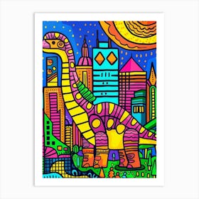 Cute Geometric Dinosaur Cityscape Abstract Illustration Art Print