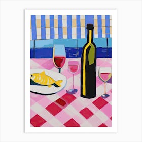 Painting Of A Table With Food And Wine, French Riviera View, Checkered Cloth, Matisse Style 6 Art Print