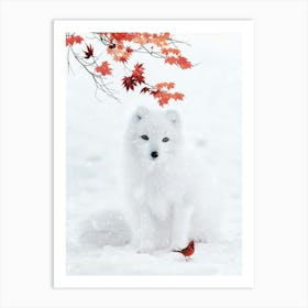 White Fox And Red Cardinal Art Print