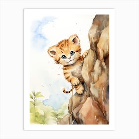 Rock Climbing Watercolour Lion Art Painting 4 Art Print
