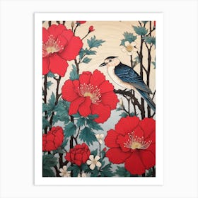 Red Camellia And Bird 2 Vintage Japanese Botanical Art Print