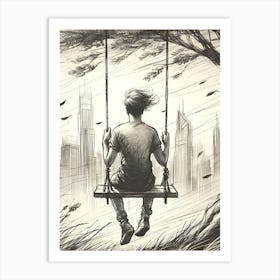 Moody Man on Swing Sketch 1 Art Print