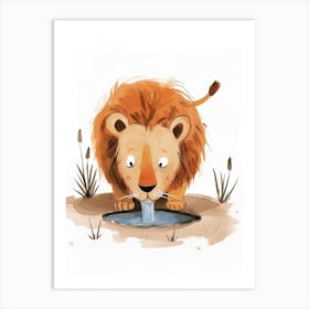 African Lion Drinking From A Watering Hole Clipart 3 Art Print