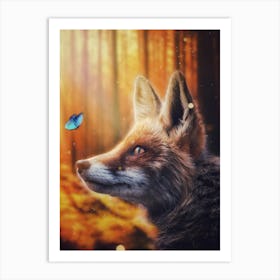 Fox And Blue Butterfly in Autumnal Forest Art Print