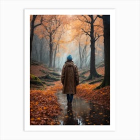 Man Walking In The Autumn Forest Print Art Print