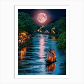 Full Moon Over The River Art Print