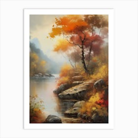 Autumn Lake,Forest Lake, Vintage Oil Painting, Farmhouse Wall Decorations, Antique Landscape, Vintage Landscape Oil Painting.1 6 Art Print