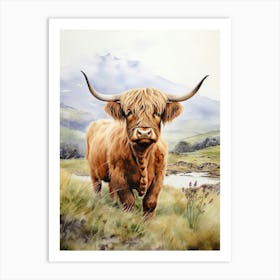 Highland Cow In Field With Stream In The Distance Art Print