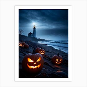 Jack O Lanterns Emanating Ethereal Glow Arrayed On A Shadowy Beach Misty Coastal Backdrop Myster (5) Art Print