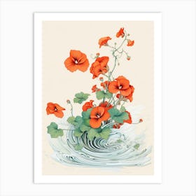 Great Wave With Nasturtium Flower Drawing In The Style Of Ukiyo E 4 Art Print