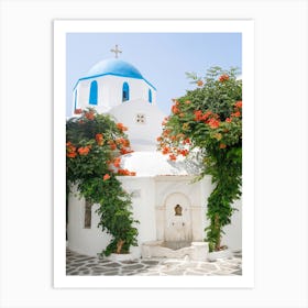 Greek Island Church Orange Flowers Art Print