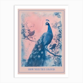 Peacock In A Tree With Other Birds Cyanotype Inspired Poster Art Print