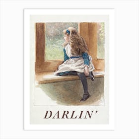 Darlin'. Vintage Nursery Illustration with Little Girl and Typography, Kids Room Art Print