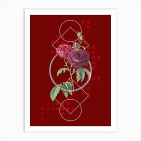 Vintage Purple Roses Botanical with Geometric Line Motif and Dot Pattern n.0225 Art Print