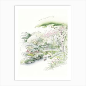 Rikugien Gardens, Japan Vintage Pencil Drawing Art Print