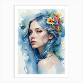 Watercolor Of A Girl With Blue Hair Art Print