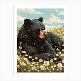 American Black Bear Resting In A Field Of Daisies Storybook Illustration 3 Art Print