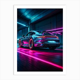 Full speed Porsche 911, neon-lit at night. A turbocharged sports car with cyberpunk aesthetics and luxury racing design. Art Print