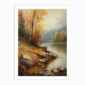 Forest Lake, Autumn Lake, Vintage Oil Painting, Farmhouse Wall Decorations, Antique Landscape, Vintage Landscape Oil Painting.7 Art Print